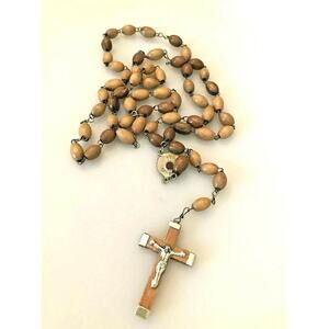 20” Vintage Holy Land Jerusalem Terra Santa Relic Carved Olive Wood Rosary
